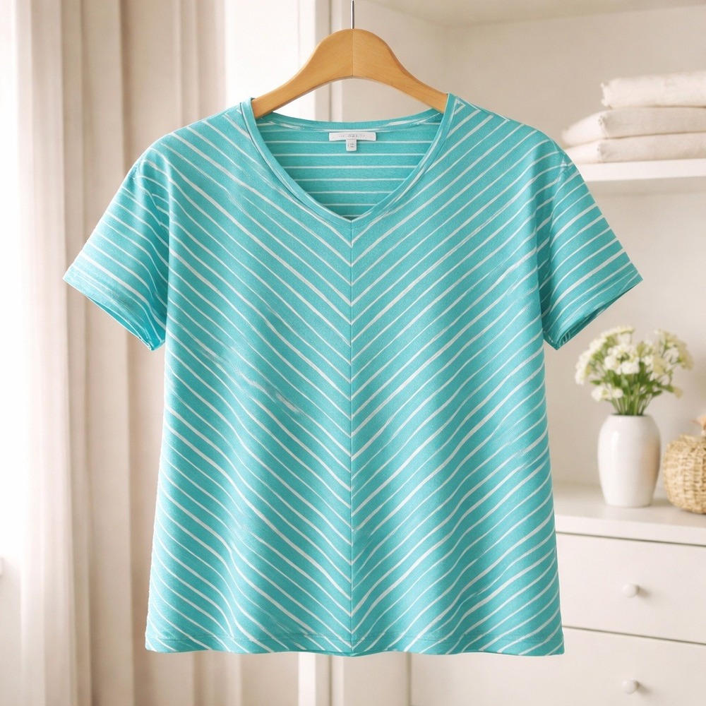 Chico's 3‎ Easy Linen Shirt Top Tropical Jade Green/Blue/Wht Striped $60 NWT